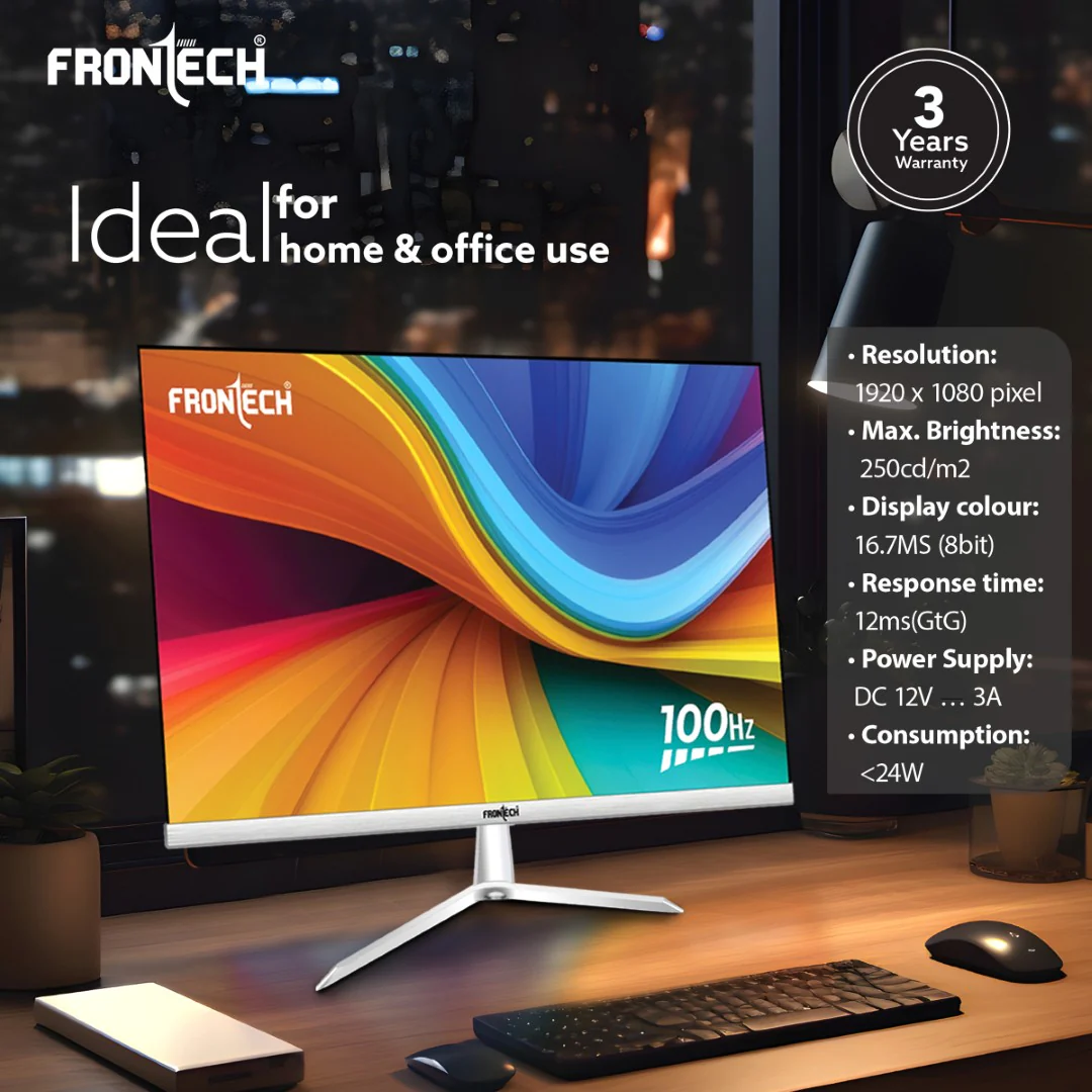 Frontech 24 inch LED Monitor | 100Hz | 1920x1080 | Wall Mountable | Frameless | HDMI & VGA | 12ms Response Time | Built-in Speakers | IPS Panel | Ultima Series | 3 Years Warranty - Image 7