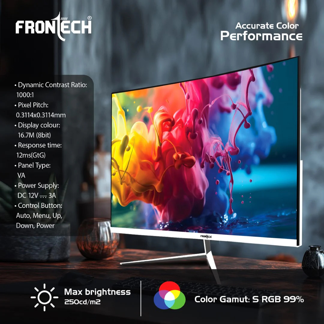 Frontech 27 inch Curved LED Monitor | 75Hz | 1920x1080 | Wall Mountable | Frameless | HDMI & VGA | 12ms Response Time | Built-in Speakers | Ultima Series | 3 Years Warranty - Image 8