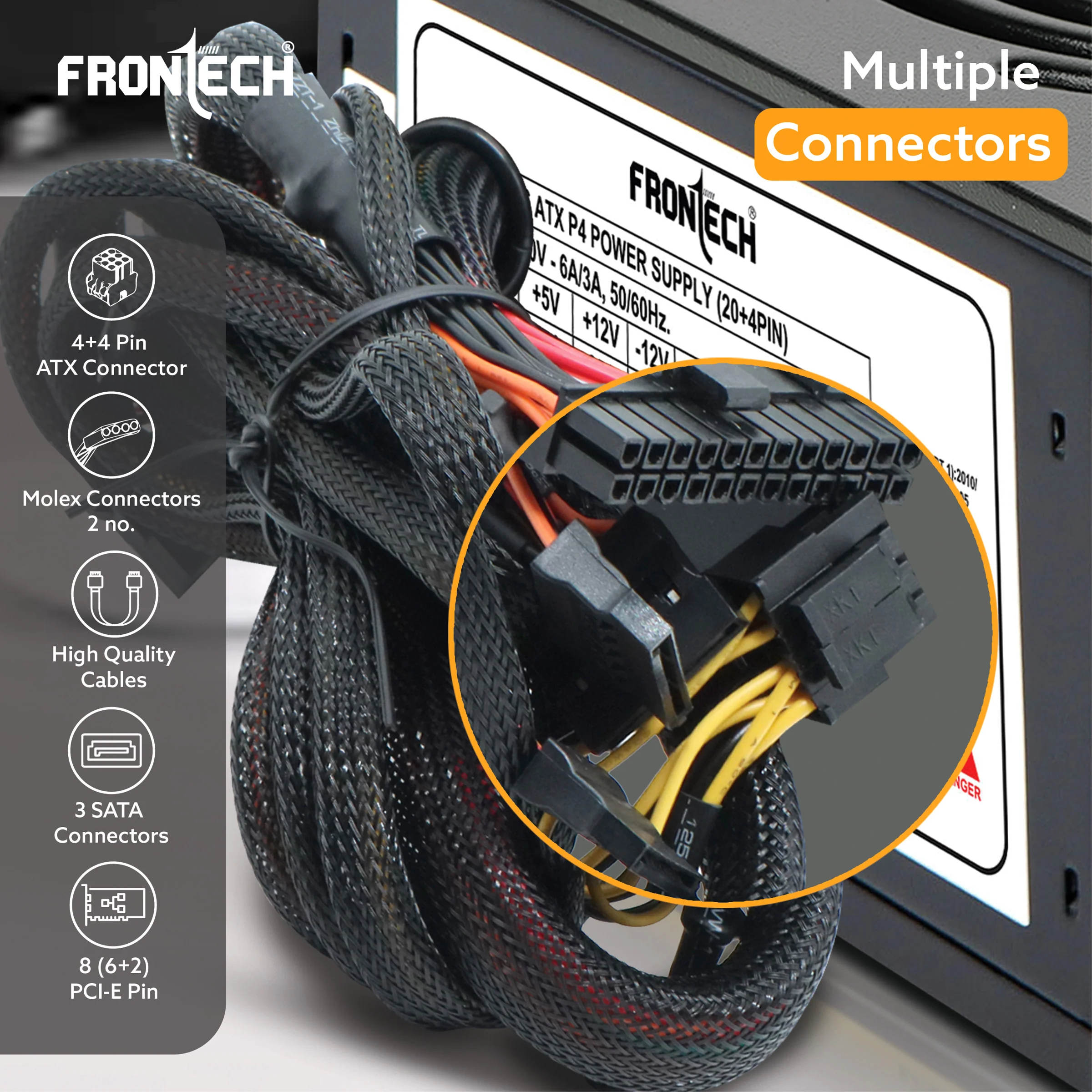 Frontech 800W ATX SMPS Power Supply with 120mm Silent Fan | 8 (6+2) PCIe | 3 SATA | 2 Molex | Multi-Core CPU Support | AC 230V | PS-0006 - Image 4