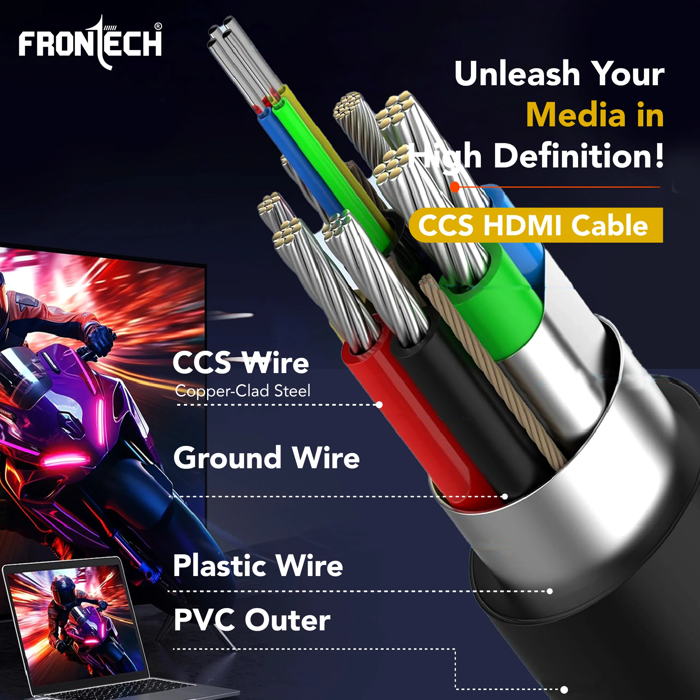 Frontech 1.5M 4K Ultra HD High-Speed HDMI Cable | CCS Core, Dynamic Sound, Gold-Plated Connectors | TV, Monitor, Laptop, PS5/Xbox Compatible | NC-0018 - Image 5
