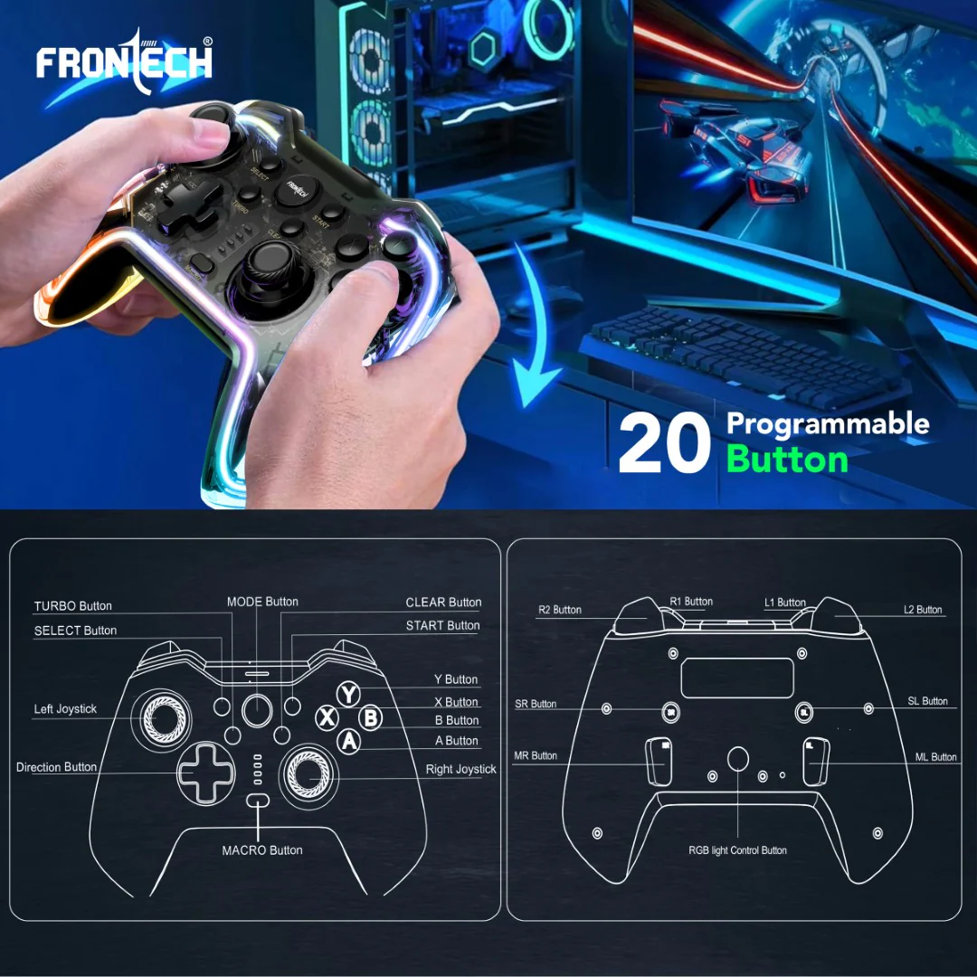 Frontech Fire Pro Wireless Gaming Pad | 2.4GHz, Dual Vibration, RGB | PS3/PC/Android TV (GP-0002) - Image 4