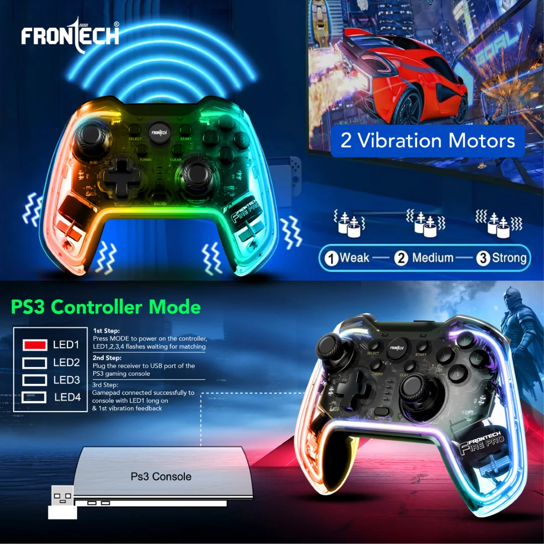 Frontech Fire Pro Wireless Gaming Pad | 2.4GHz, Dual Vibration, RGB | PS3/PC/Android TV (GP-0002) - Image 9