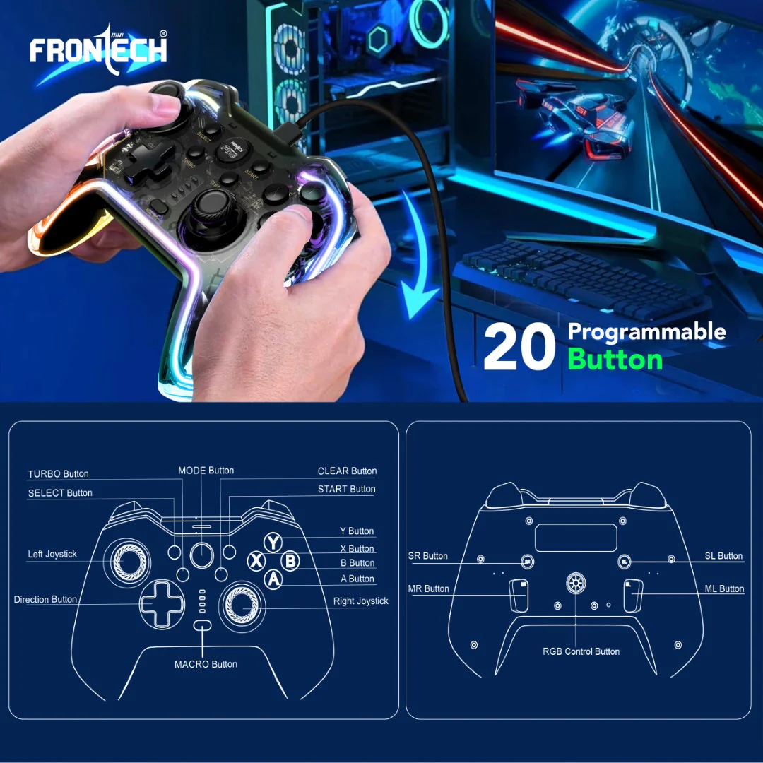 Frontech Fire Wired Gaming Pad | USB-C, Dual Vibration, RGB | PS3/PC/Android TV (GP-0001) - Image 3