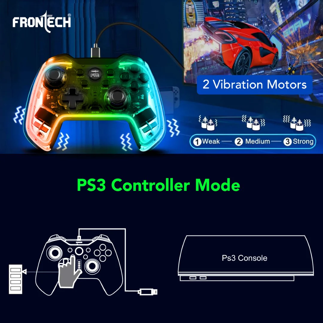 Frontech Fire Wired Gaming Pad | USB-C, Dual Vibration, RGB | PS3/PC/Android TV (GP-0001) - Image 7