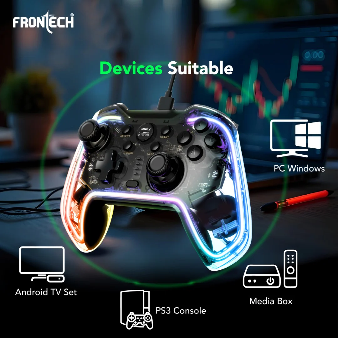 Frontech Fire Wired Gaming Pad | USB-C, Dual Vibration, RGB | PS3/PC/Android TV (GP-0001) - Image 9