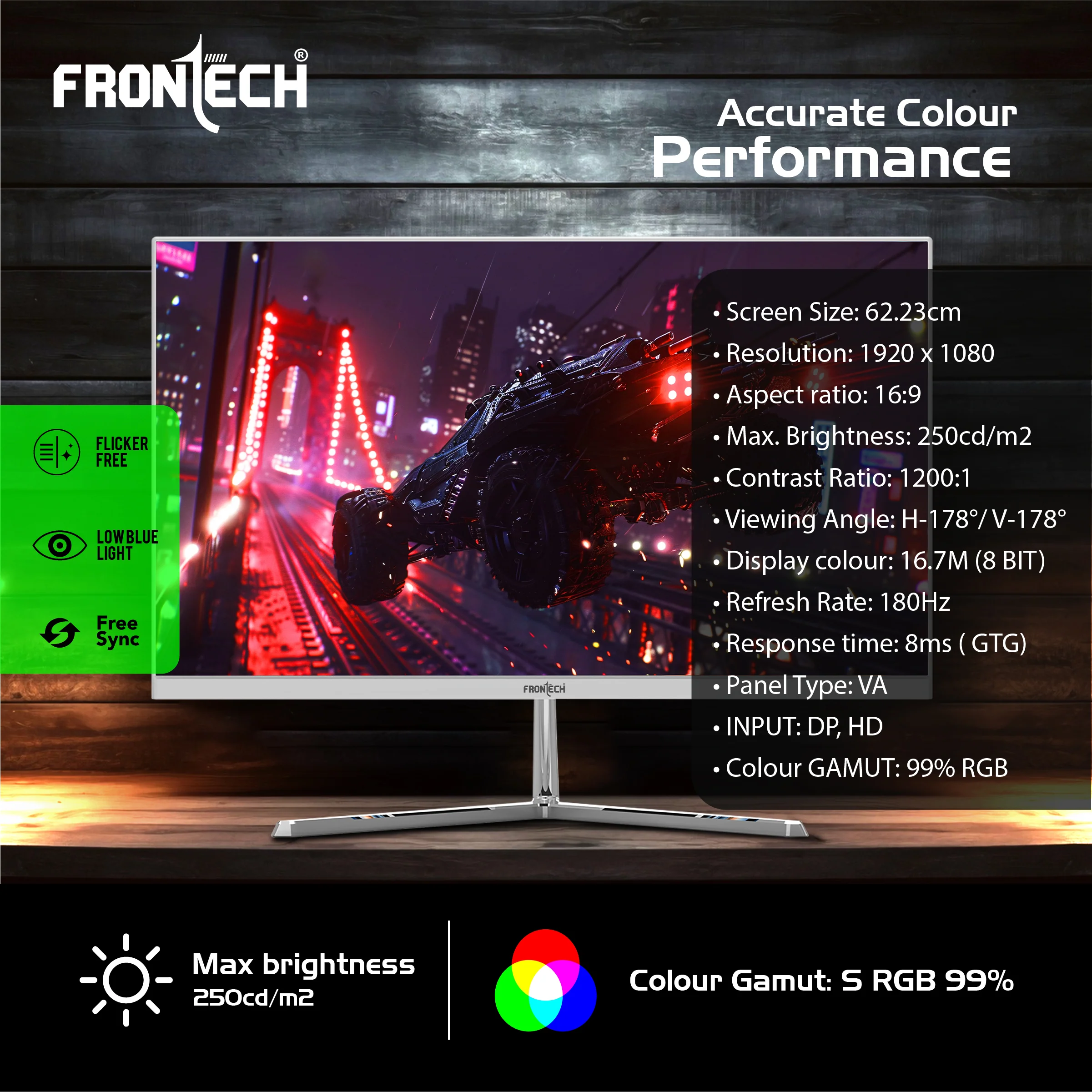 Frontech 24.5 inch LED Gaming Monitor | 180Hz | 1920x1080 | Wall Mountable | Frameless | HDMI & VGA | 8ms Response Time | Built-in Speakers | 3 Years Warranty - Image 4