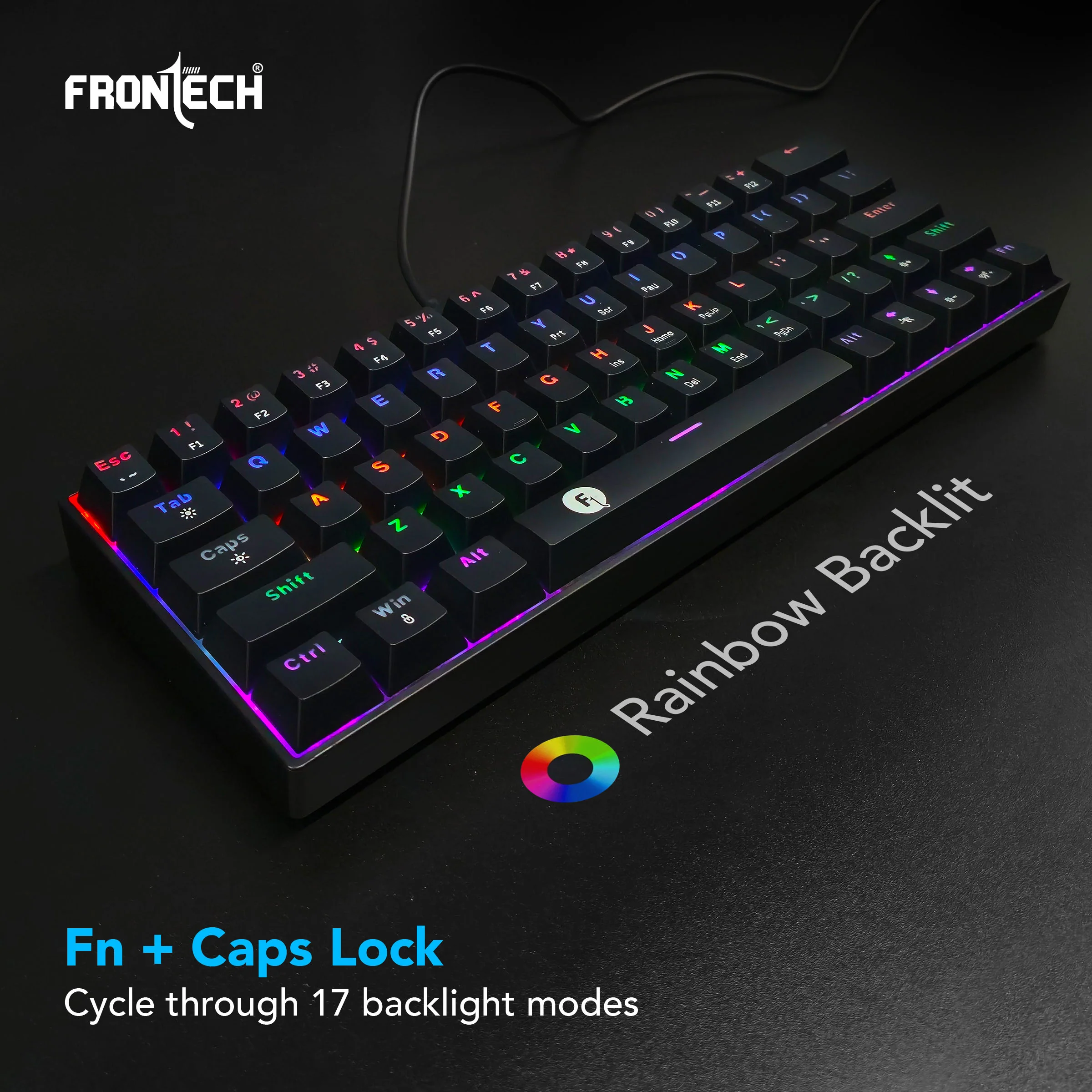 Frontech 63-Key Mechanical Gaming Wired Keyboard | Rainbow Backlit | 26 Anti-Ghosting Keys | Detachable Type-C Cable | Compatible with Windows/Mac/iOS/Android (KB-0010P) - Image 4