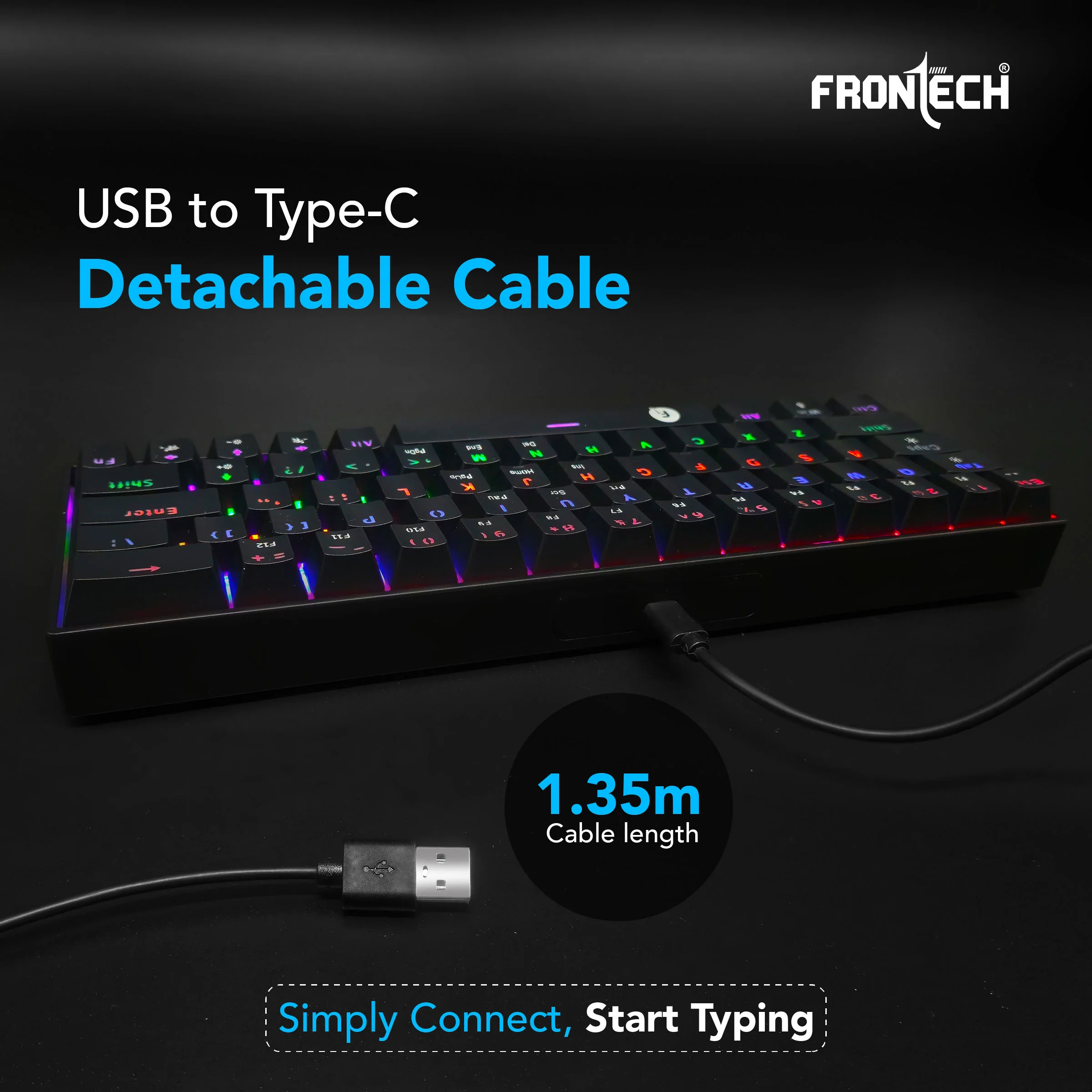 Frontech 63-Key Mechanical Gaming Wired Keyboard | Rainbow Backlit | 26 Anti-Ghosting Keys | Detachable Type-C Cable | Compatible with Windows/Mac/iOS/Android (KB-0010P) - Image 5
