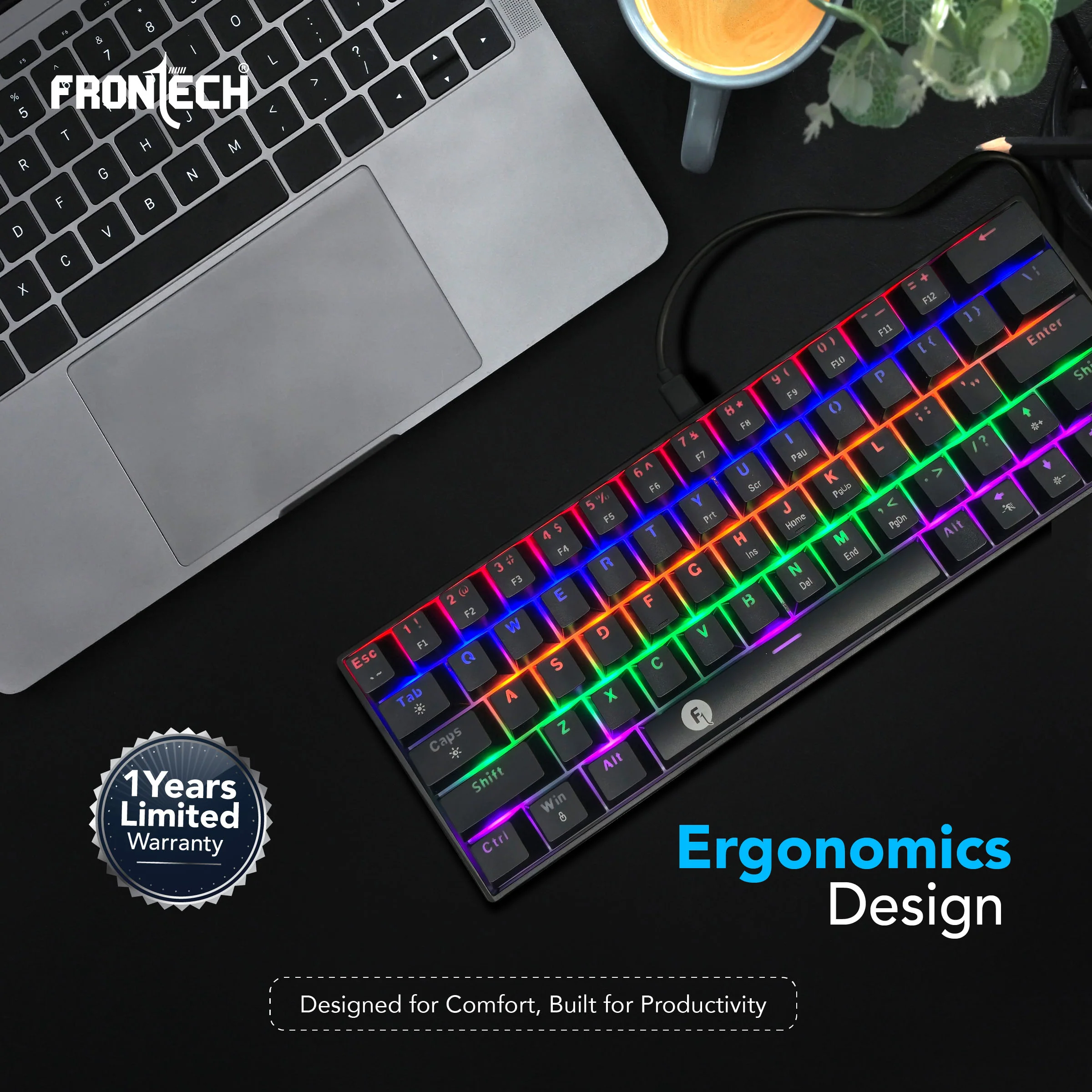 Frontech 63-Key Mechanical Gaming Wired Keyboard | Rainbow Backlit | 26 Anti-Ghosting Keys | Detachable Type-C Cable | Compatible with Windows/Mac/iOS/Android (KB-0010P) - Image 6