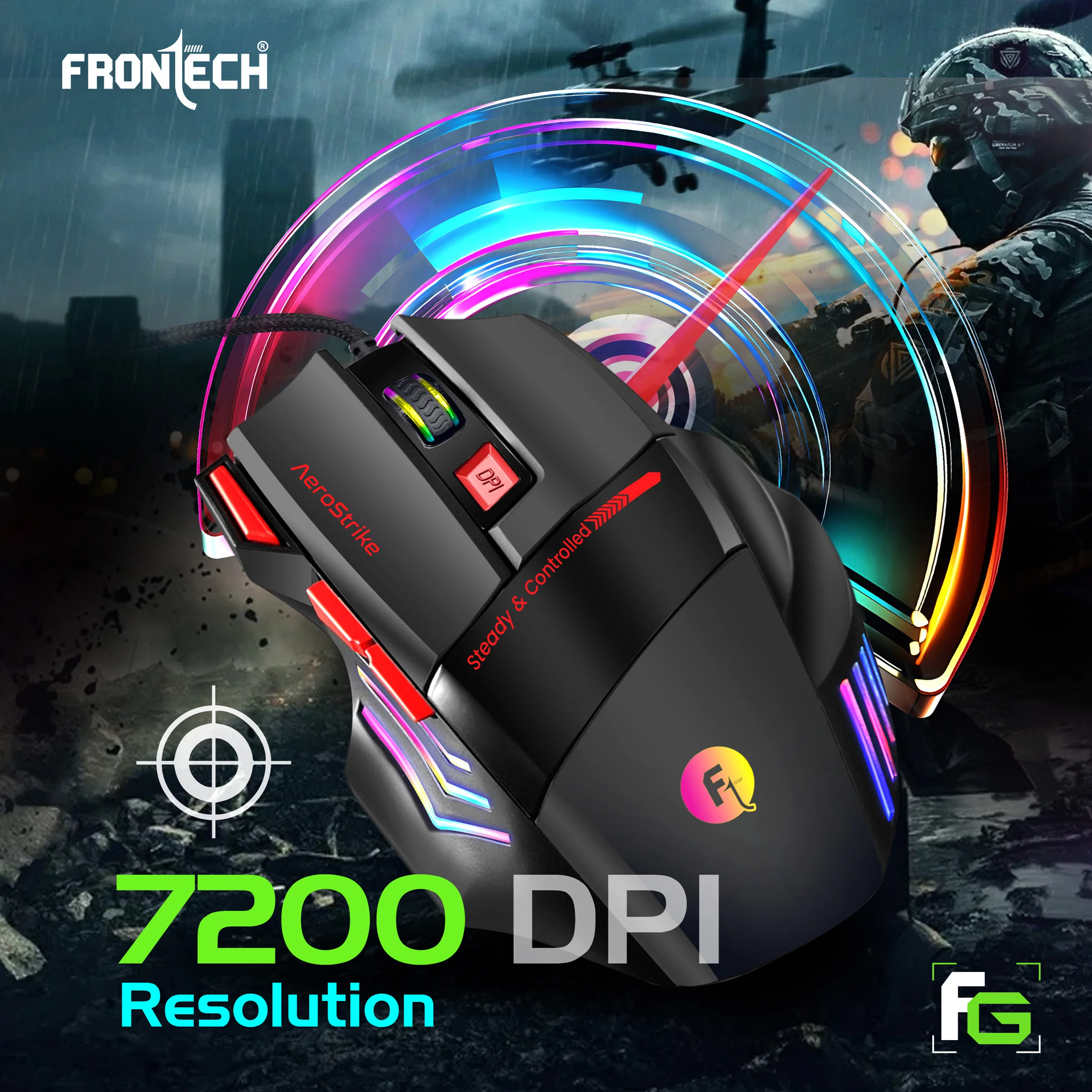 Frontech Wired RGB Gaming Mouse|USB Plug & Play|1.5m Braided Cable|7200 DPI|7 Buttons Mouse| Ergonomic Design|1 Year Warranty - Image 4