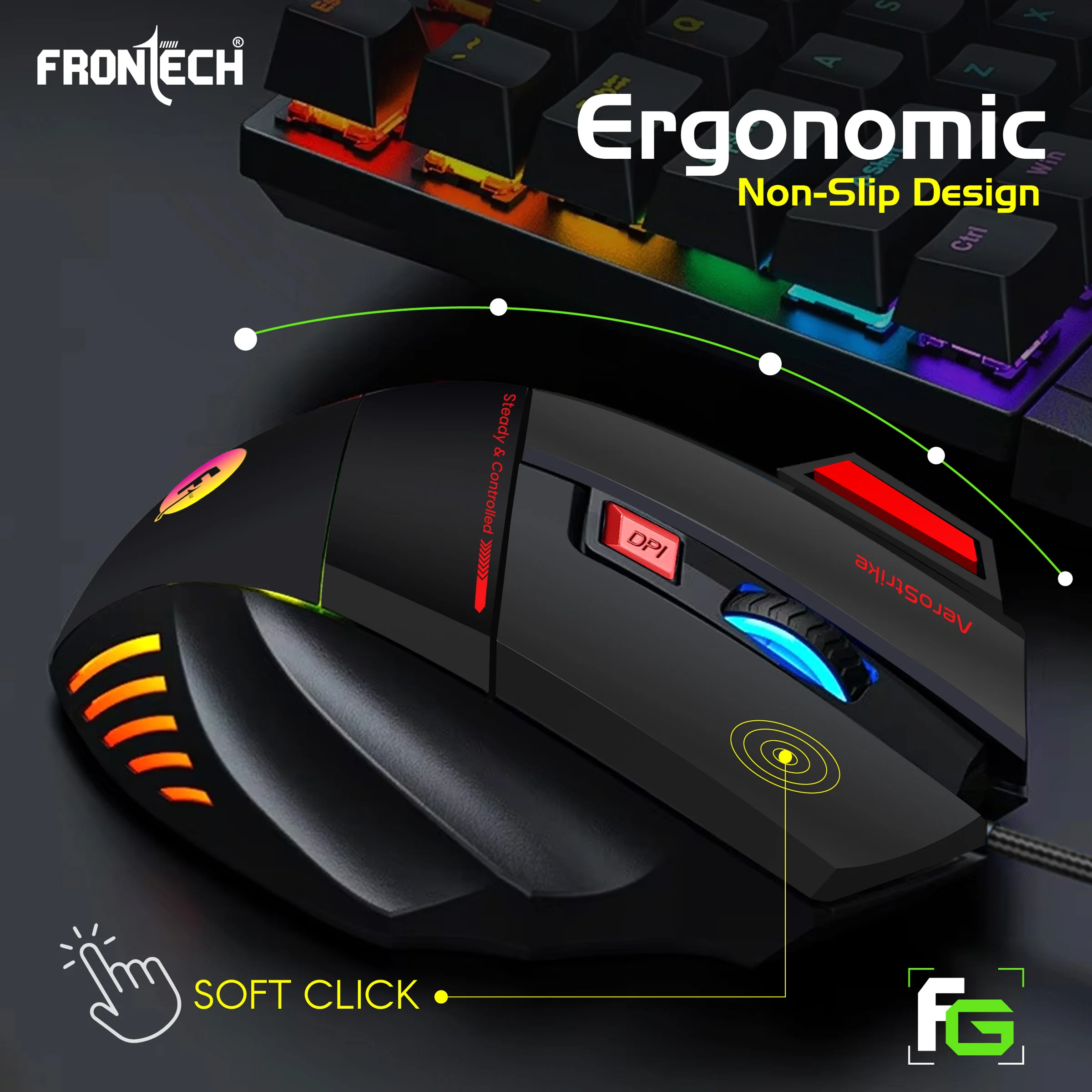 Frontech Wired RGB Gaming Mouse|USB Plug & Play|1.5m Braided Cable|7200 DPI|7 Buttons Mouse| Ergonomic Design|1 Year Warranty - Image 5
