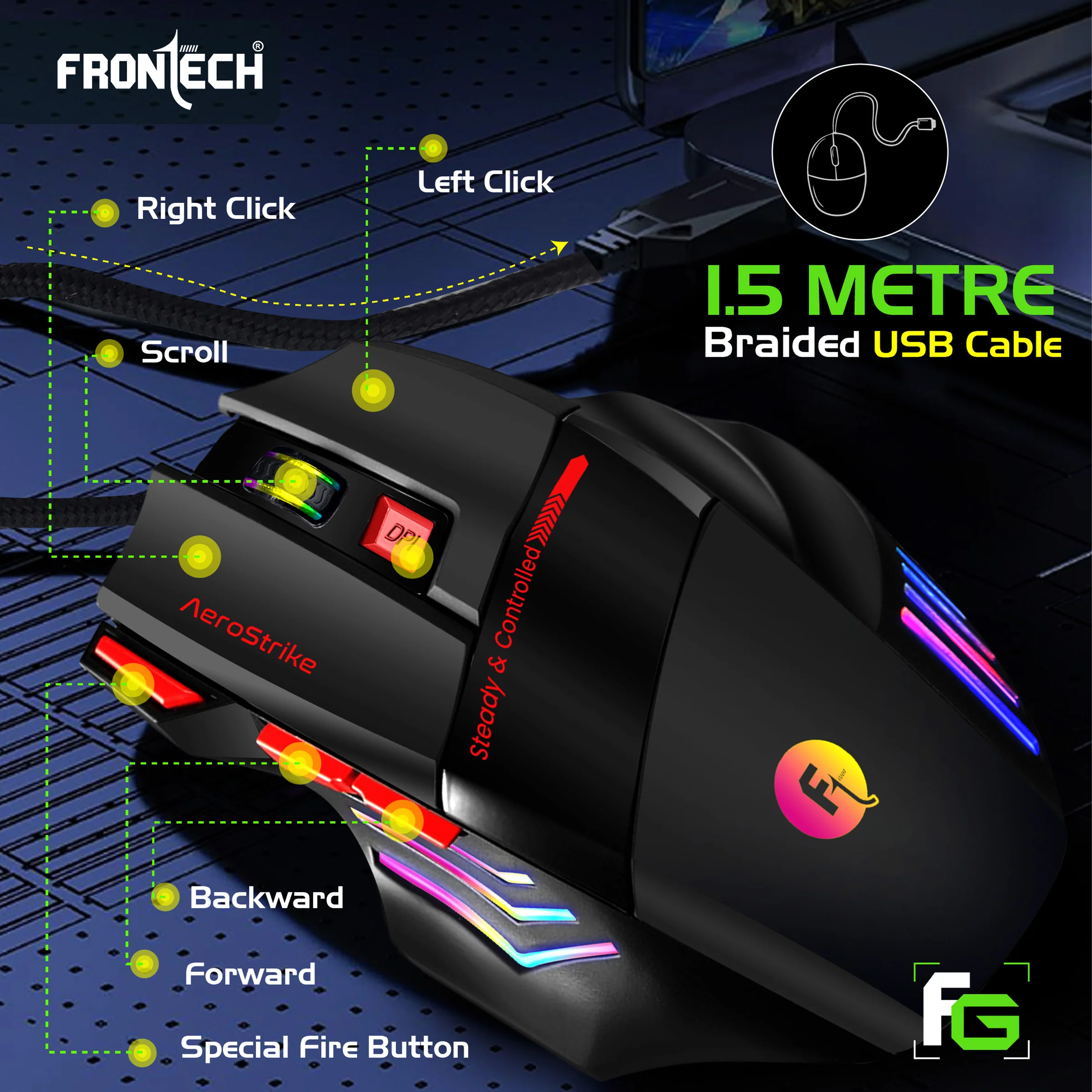 Frontech Wired RGB Gaming Mouse|USB Plug & Play|1.5m Braided Cable|7200 DPI|7 Buttons Mouse| Ergonomic Design|1 Year Warranty - Image 7
