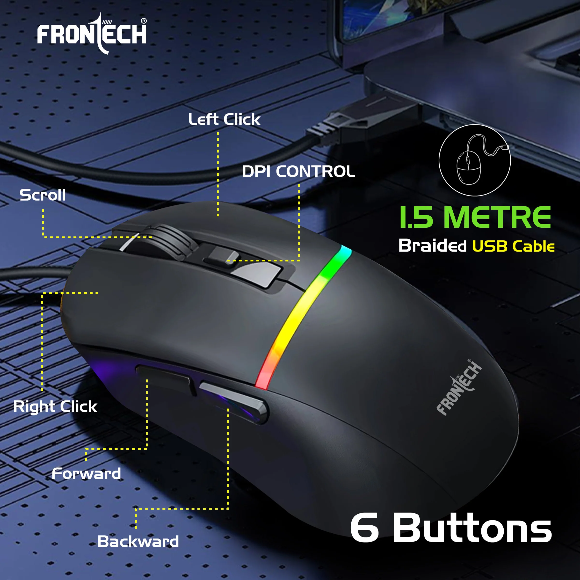 Frontech Wired RGB Gaming Mouse|USB Plug & Play|1.5m Braided Cable|7200 DPI|6 Button Mouse| Ergonomic Design|1 Year Warranty - Image 6