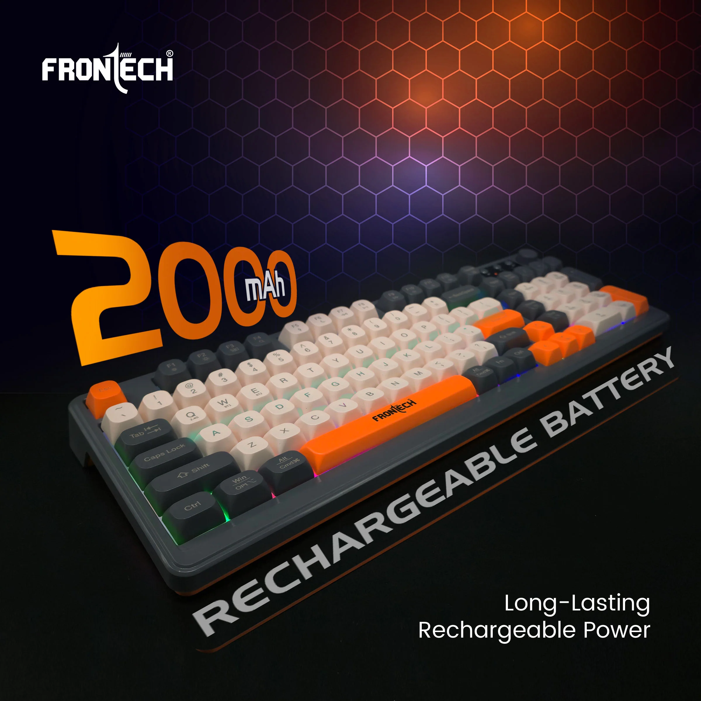 Frontech KB-0026P Wireless Gaming Keyboard | 98 Keys Layout | 19 Anti-Ghosting Keys | Dual Wireless 2.4GHz & Bluetooth 5.1 | Rainbow Backlight | 2000mAh Battery | Audio Control Knob | Type-C Charging | 1 Year Warranty - Image 4