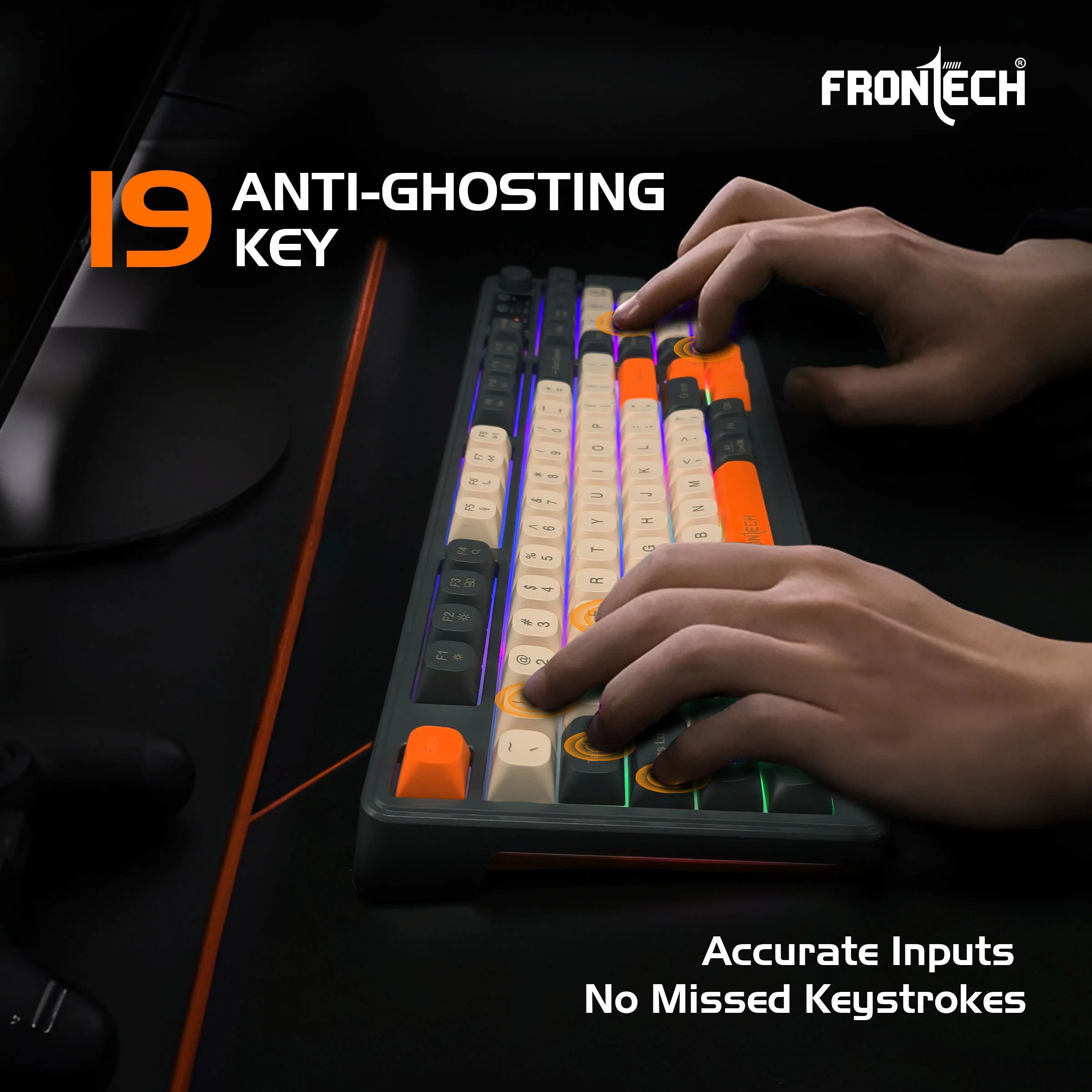 Frontech KB-0026P Wireless Gaming Keyboard | 98 Keys Layout | 19 Anti-Ghosting Keys | Dual Wireless 2.4GHz & Bluetooth 5.1 | Rainbow Backlight | 2000mAh Battery | Audio Control Knob | Type-C Charging | 1 Year Warranty - Image 5