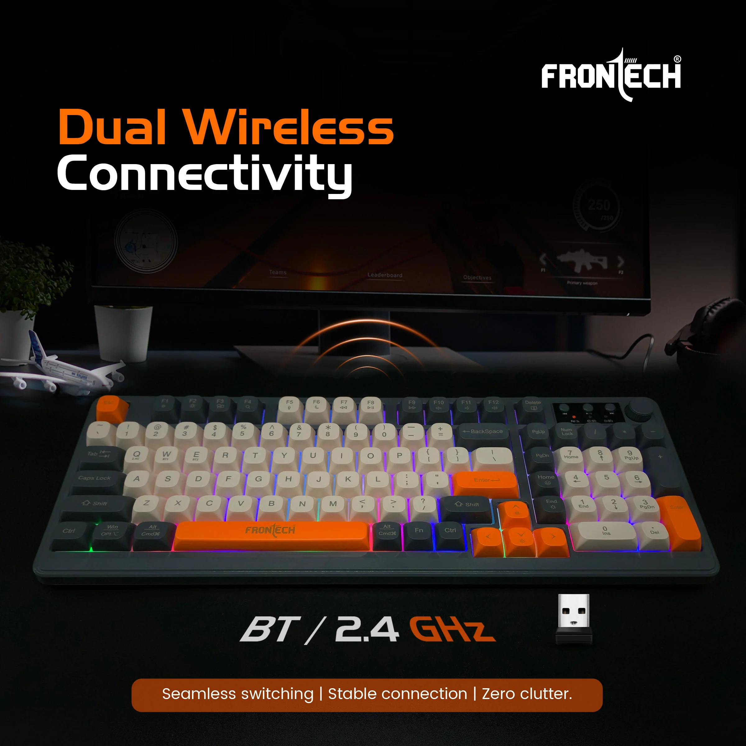 Frontech KB-0026P Wireless Gaming Keyboard | 98 Keys Layout | 19 Anti-Ghosting Keys | Dual Wireless 2.4GHz & Bluetooth 5.1 | Rainbow Backlight | 2000mAh Battery | Audio Control Knob | Type-C Charging | 1 Year Warranty - Image 6