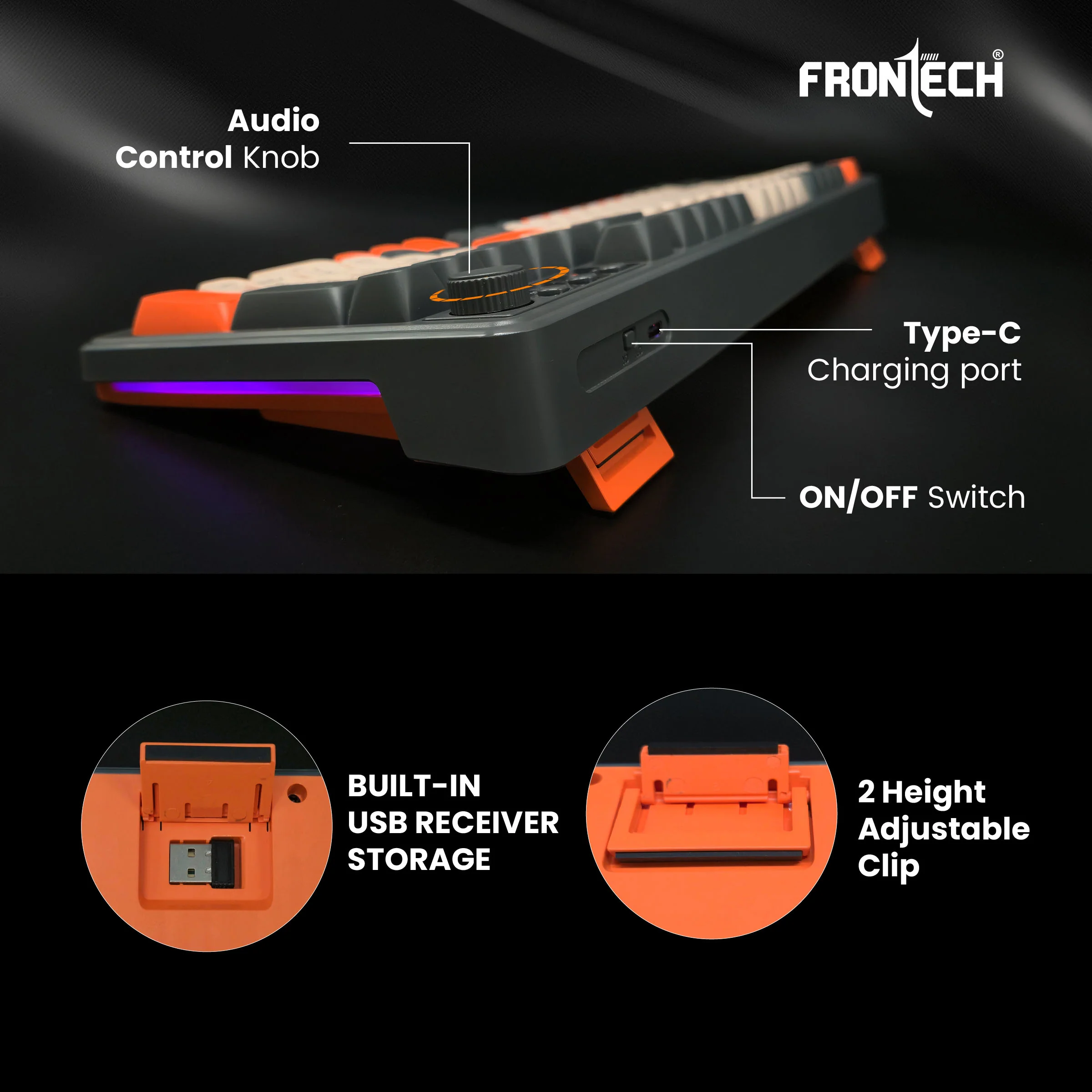 Frontech KB-0026P Wireless Gaming Keyboard | 98 Keys Layout | 19 Anti-Ghosting Keys | Dual Wireless 2.4GHz & Bluetooth 5.1 | Rainbow Backlight | 2000mAh Battery | Audio Control Knob | Type-C Charging | 1 Year Warranty - Image 8