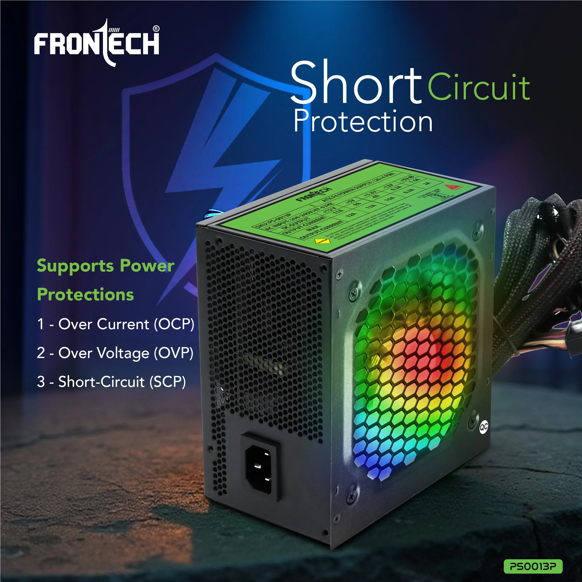Frontech PRO 1000 Gaming Power Supply, 600W PSU, ATX 12V, 120mm RGB Silent Fan, PCI-E (6+2) Pin, 3 SATA, OCP/OVP/SCP Protection, 3-Year Warranty (PS-0013P) - Image 6