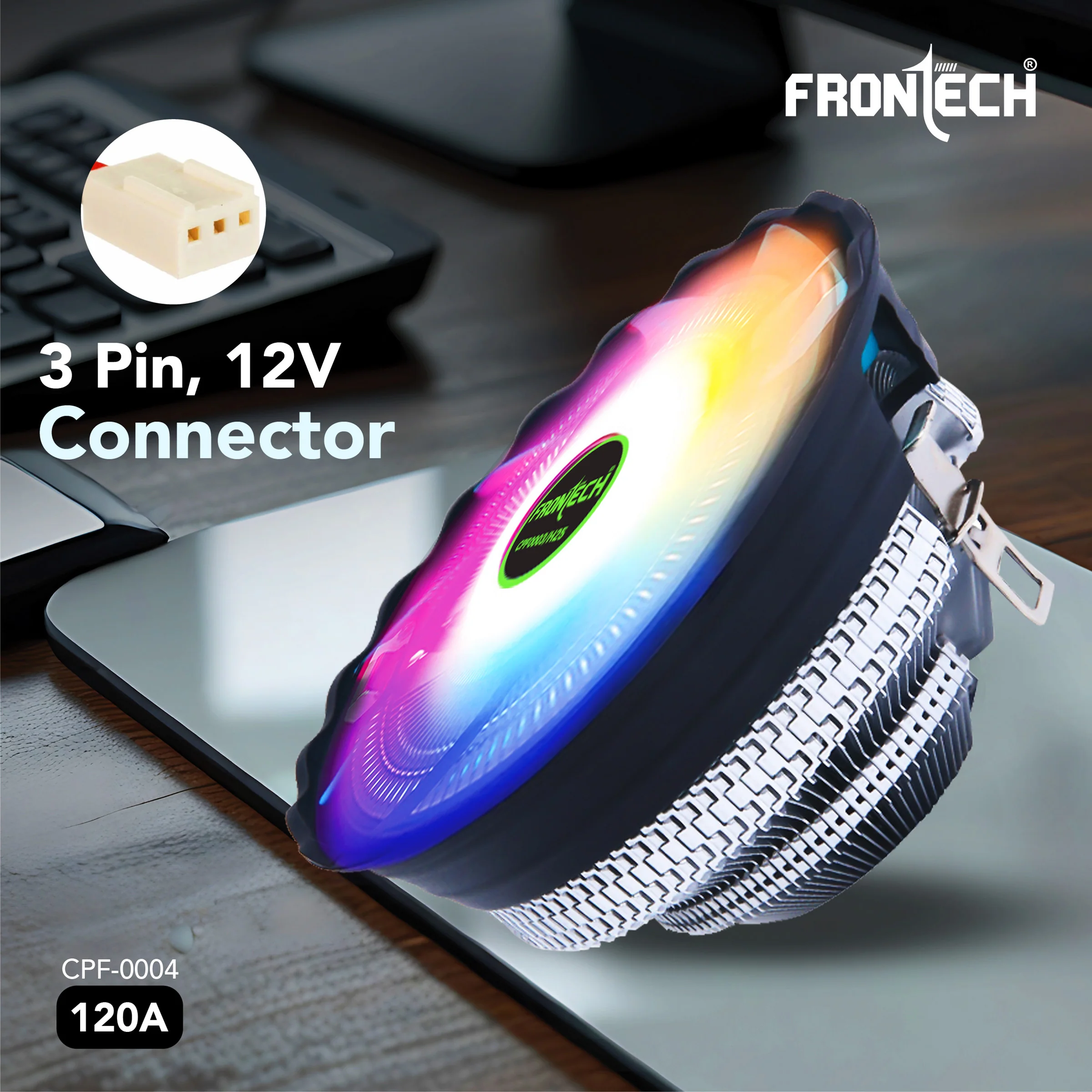 Frontech RGB CPU Cooler with Heatsink, 120mm Silent Fan, 1500 RPM, Hydraulic Bearing, 3-Pin 12V Connector, Supports Intel LGA 1700/1200/115x & AMD AM5/AM4 Sockets – (CPF-0004) - Image 6