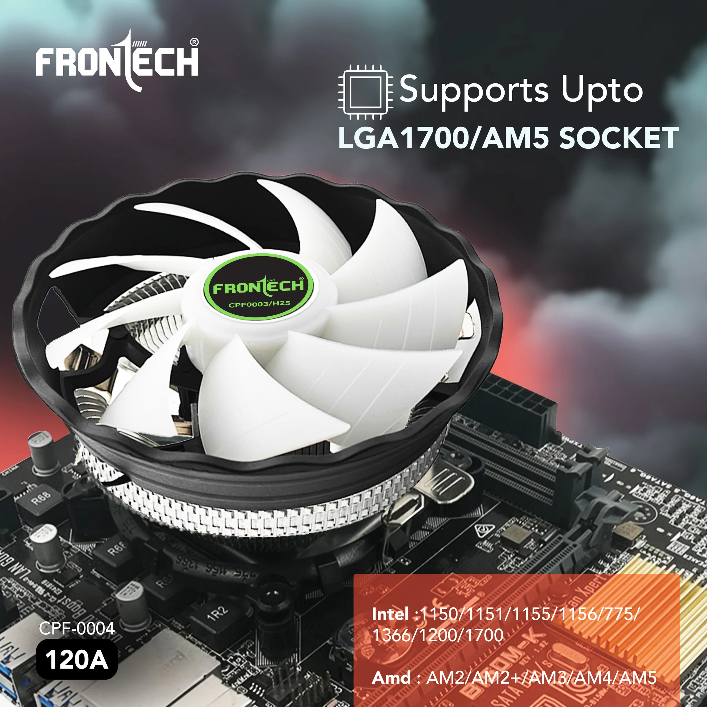 Frontech RGB CPU Cooler with Heatsink, 120mm Silent Fan, 1500 RPM, Hydraulic Bearing, 3-Pin 12V Connector, Supports Intel LGA 1700/1200/115x & AMD AM5/AM4 Sockets – (CPF-0004) - Image 7