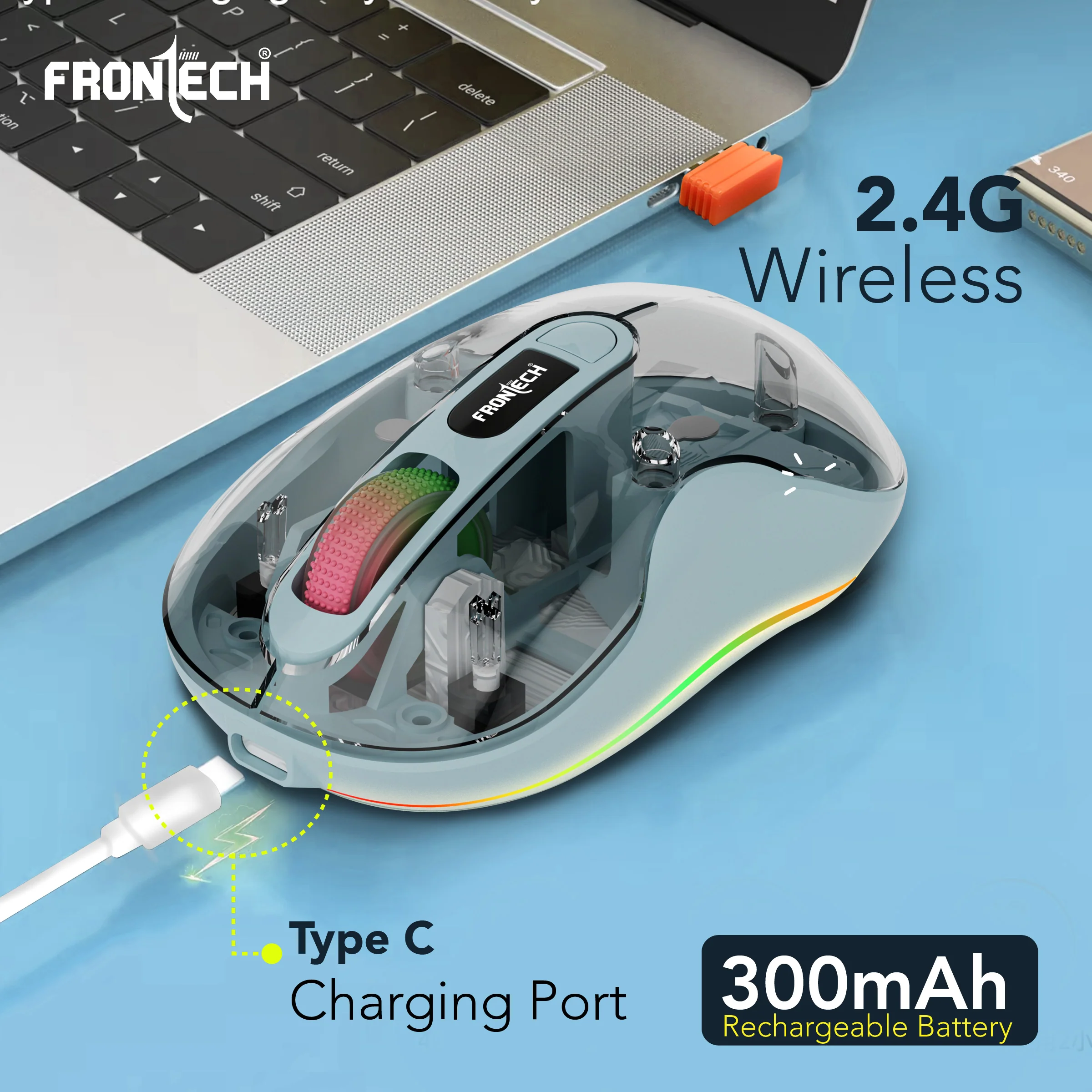 Frontech Wireless Transparent Bluetooth Mouse|2.4Ghz|3200 DPI| 300mAh Rechargeable Battery|4 Button Mouse|1 Year Warranty - Image 5
