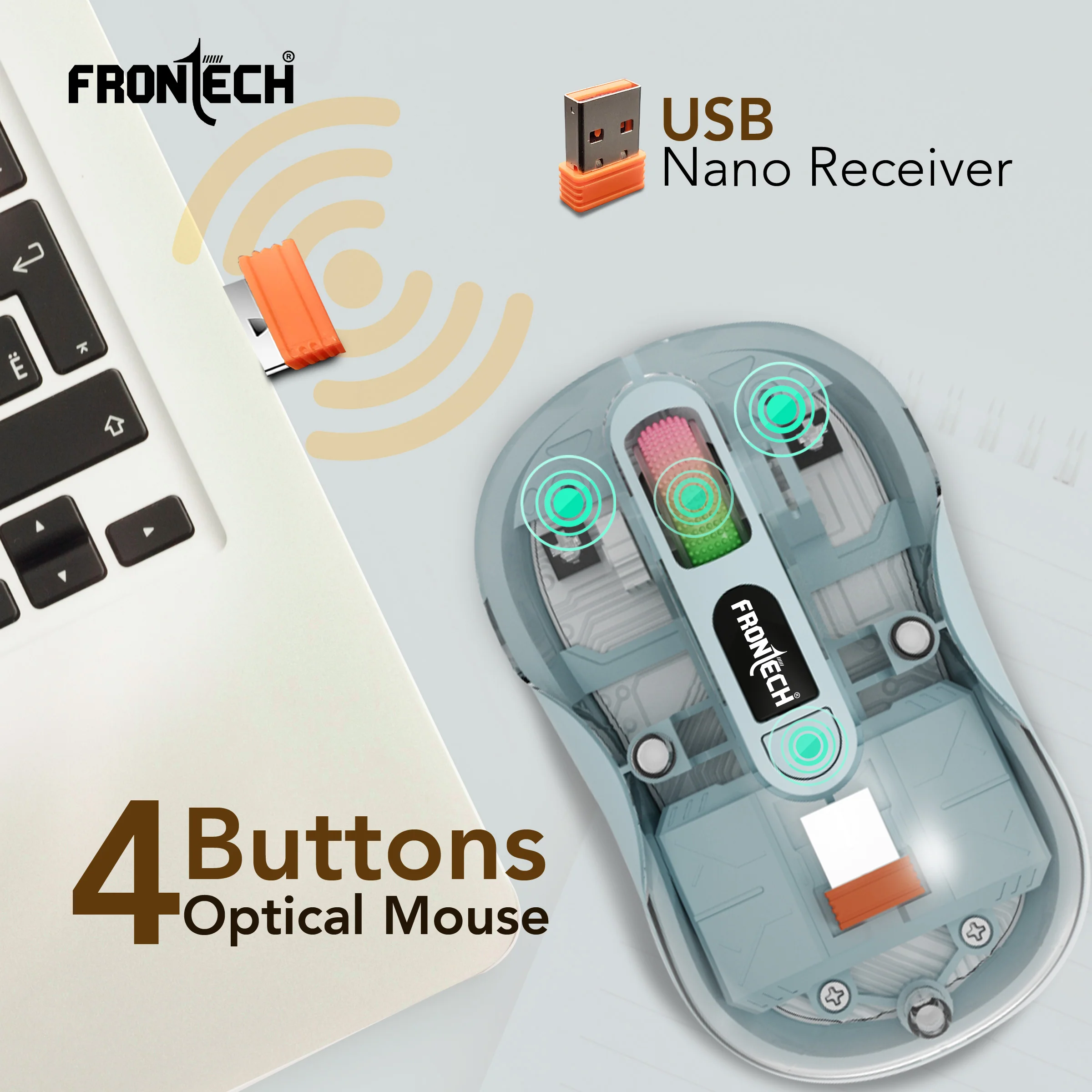 Frontech Wireless Transparent Bluetooth Mouse|2.4Ghz|3200 DPI| 300mAh Rechargeable Battery|4 Button Mouse|1 Year Warranty - Image 9