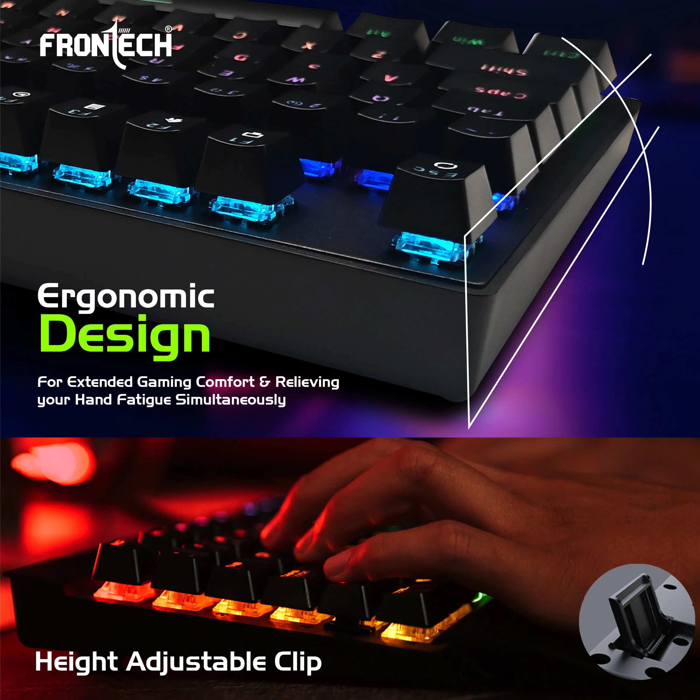 Frontech Wired Mechanical Gaming RGB Keyboard| 104 Keys Layout |USB Plug & Play| 1.6m cable| Ergonomic Design|1 Year Warranty - Image 3
