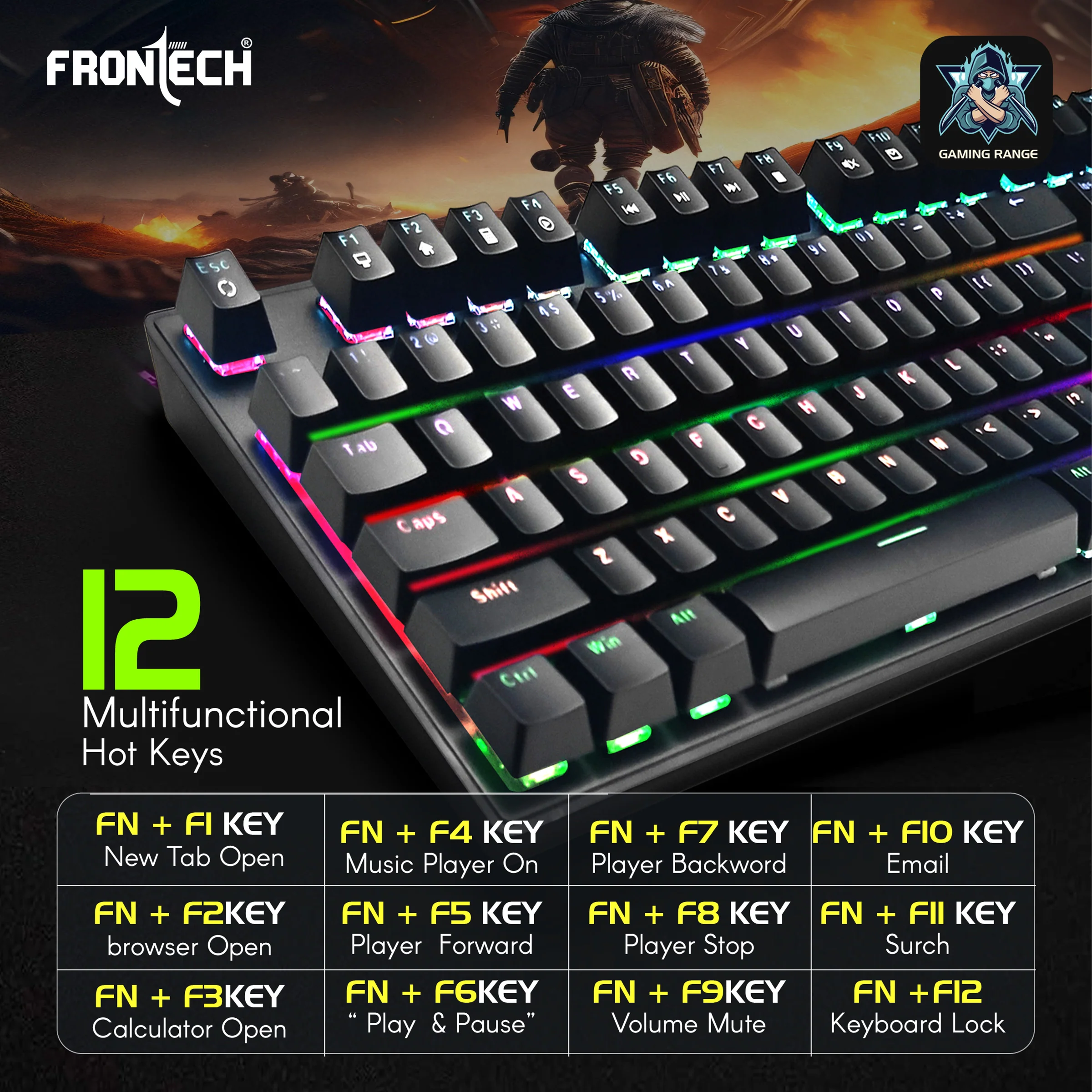 Frontech Wired Mechanical Gaming RGB Keyboard| 104 Keys Layout |USB Plug & Play| 1.6m cable| Ergonomic Design|1 Year Warranty - Image 5