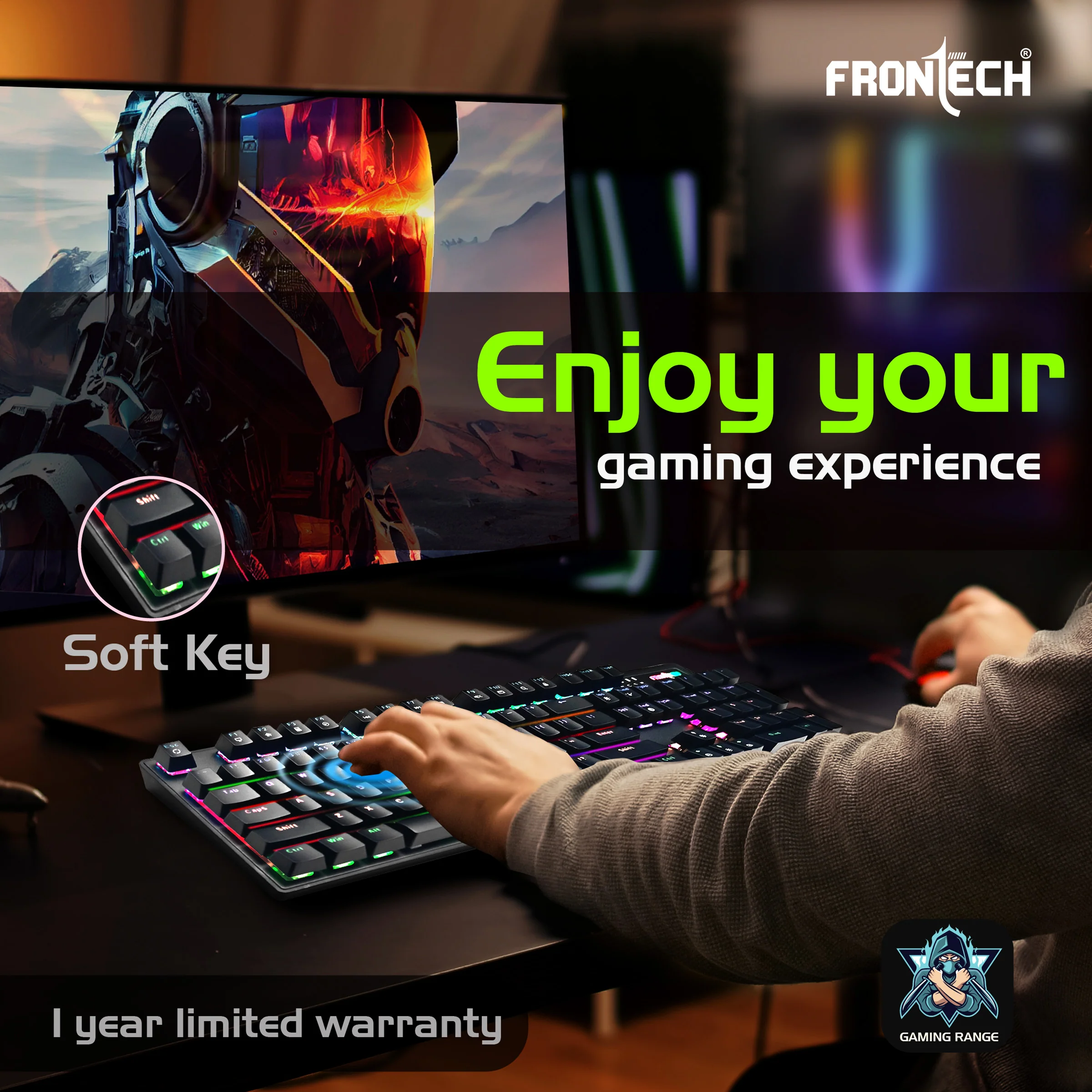 Frontech Wired Mechanical Gaming RGB Keyboard| 104 Keys Layout |USB Plug & Play| 1.6m cable| Ergonomic Design|1 Year Warranty - Image 7