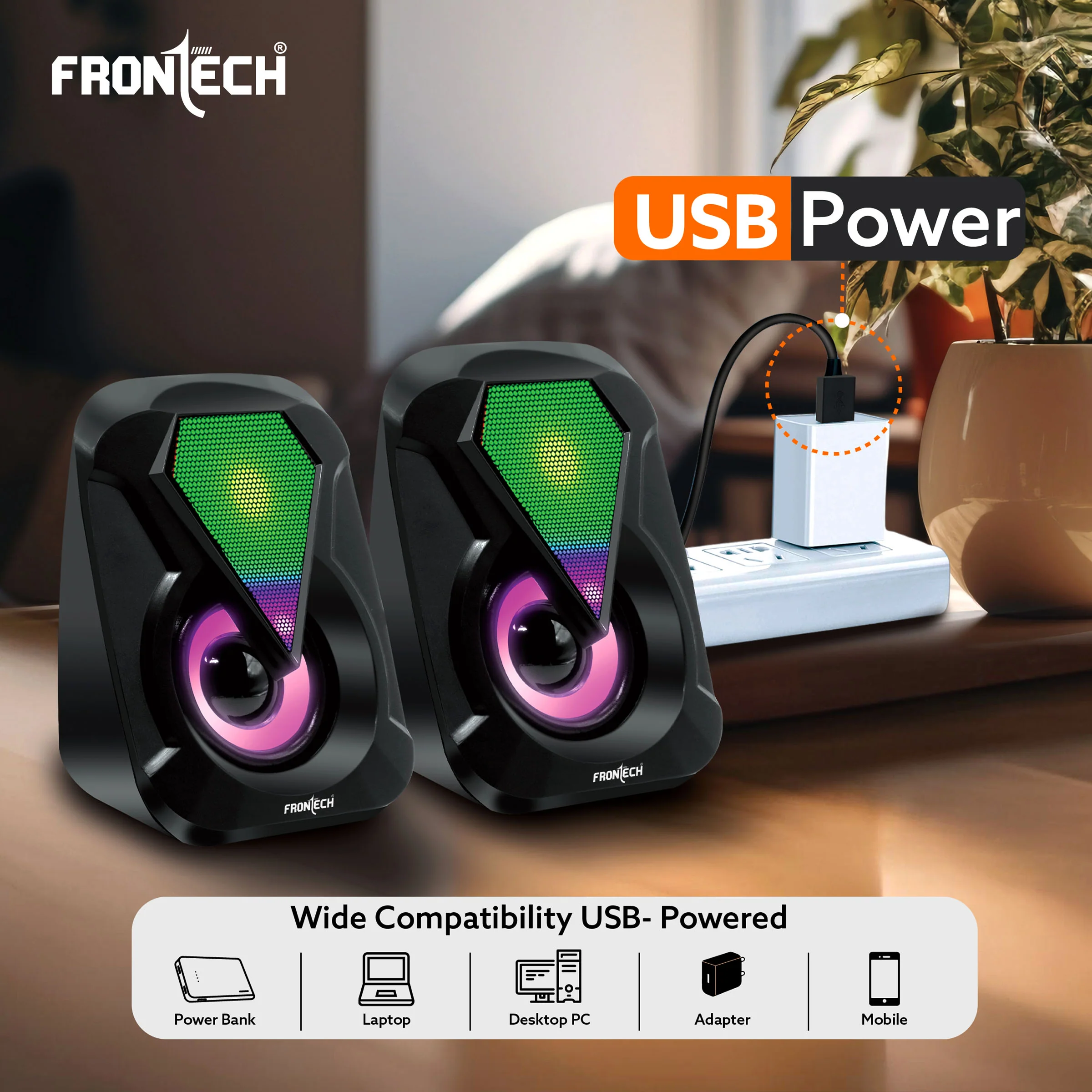 Frontech 2.0 USB Multimedia Speakers | RGB Lights | 2x3W Drivers | AUX Connectivity (SPK-0004) - Image 3