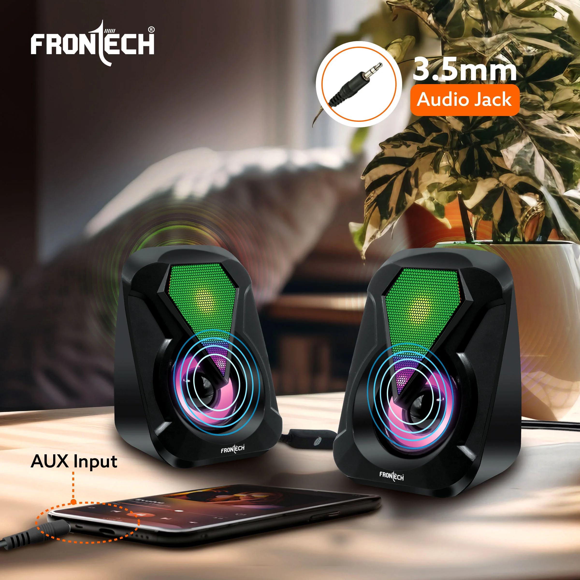 Frontech 2.0 USB Multimedia Speakers | RGB Lights | 2x3W Drivers | AUX Connectivity (SPK-0004) - Image 4