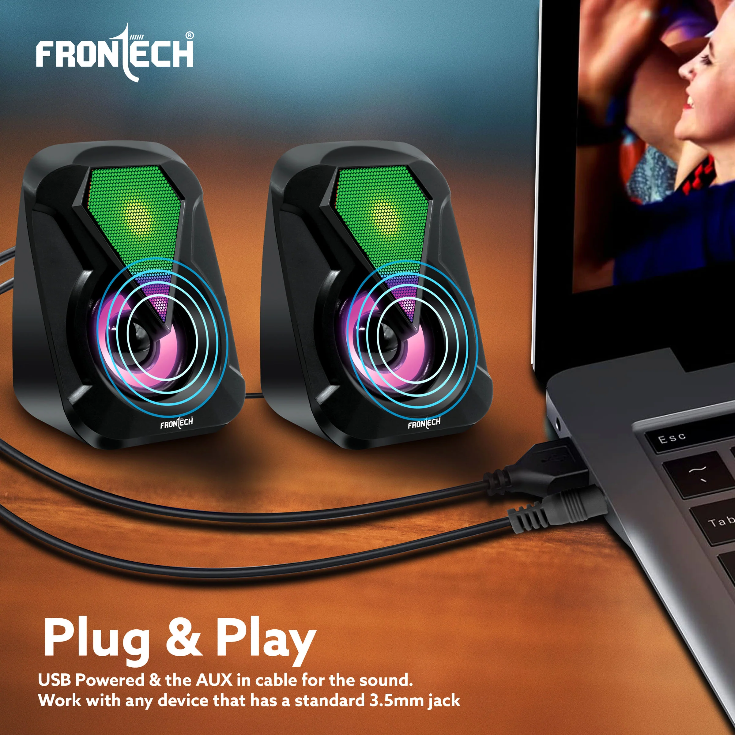 Frontech 2.0 USB Multimedia Speakers | RGB Lights | 2x3W Drivers | AUX Connectivity (SPK-0004) - Image 6