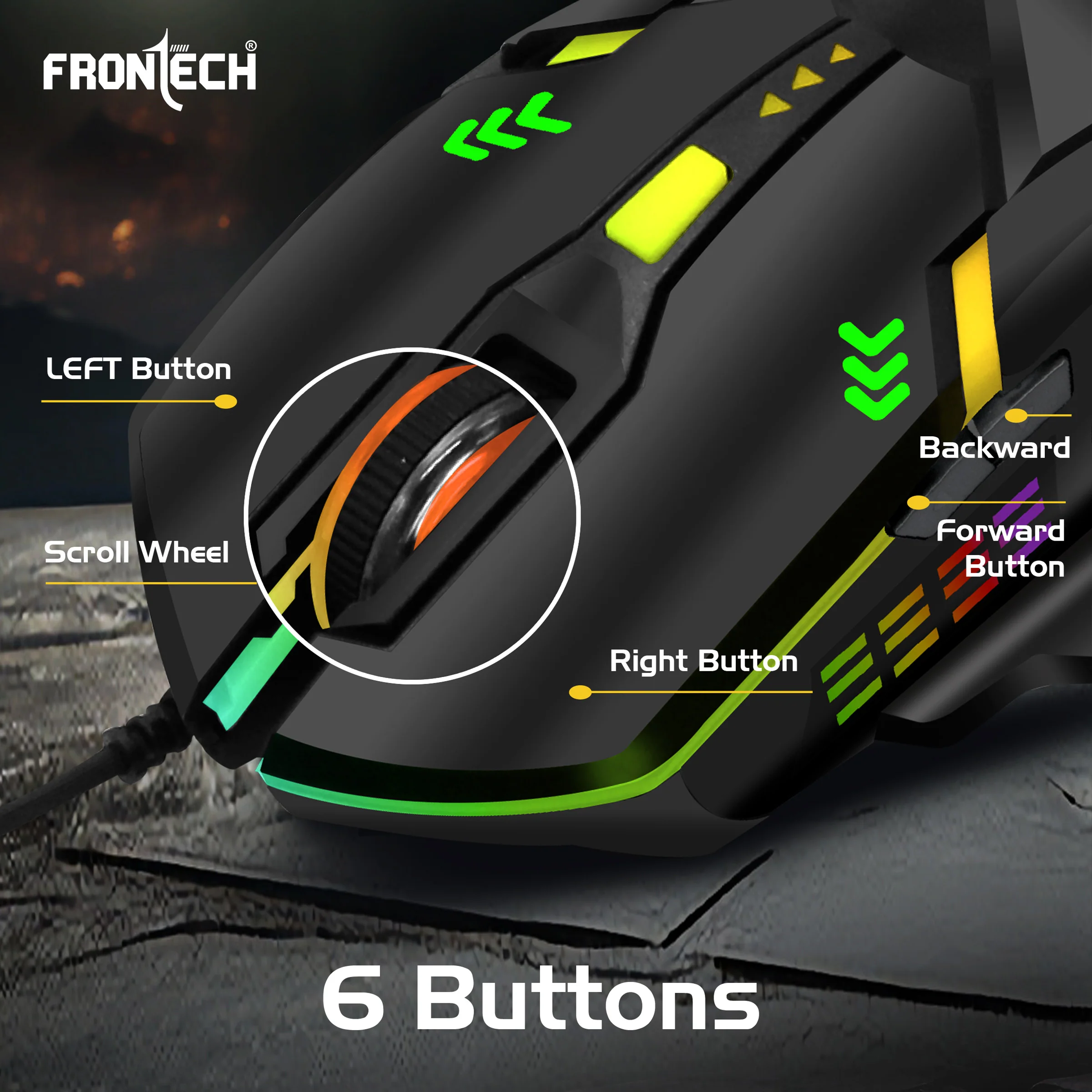 Frontech Wired RGB Backlight Gaming Keyboard & Optical Mouse Combo|104 Key Layout|USB Plug & Play|1.4m  Cable|800-1600 DPI|6 Button Mouse|1.4m Cable|1 Year Warranty - Image 8