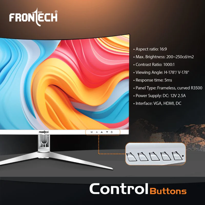 Frontech 22 inch Curved LED Monitor | 100Hz | 1920x1080 | Wall Mountable | Frameless | HDMI & VGA | 5ms Response Time | Ultima Series | 3 Years Warranty - Image 6