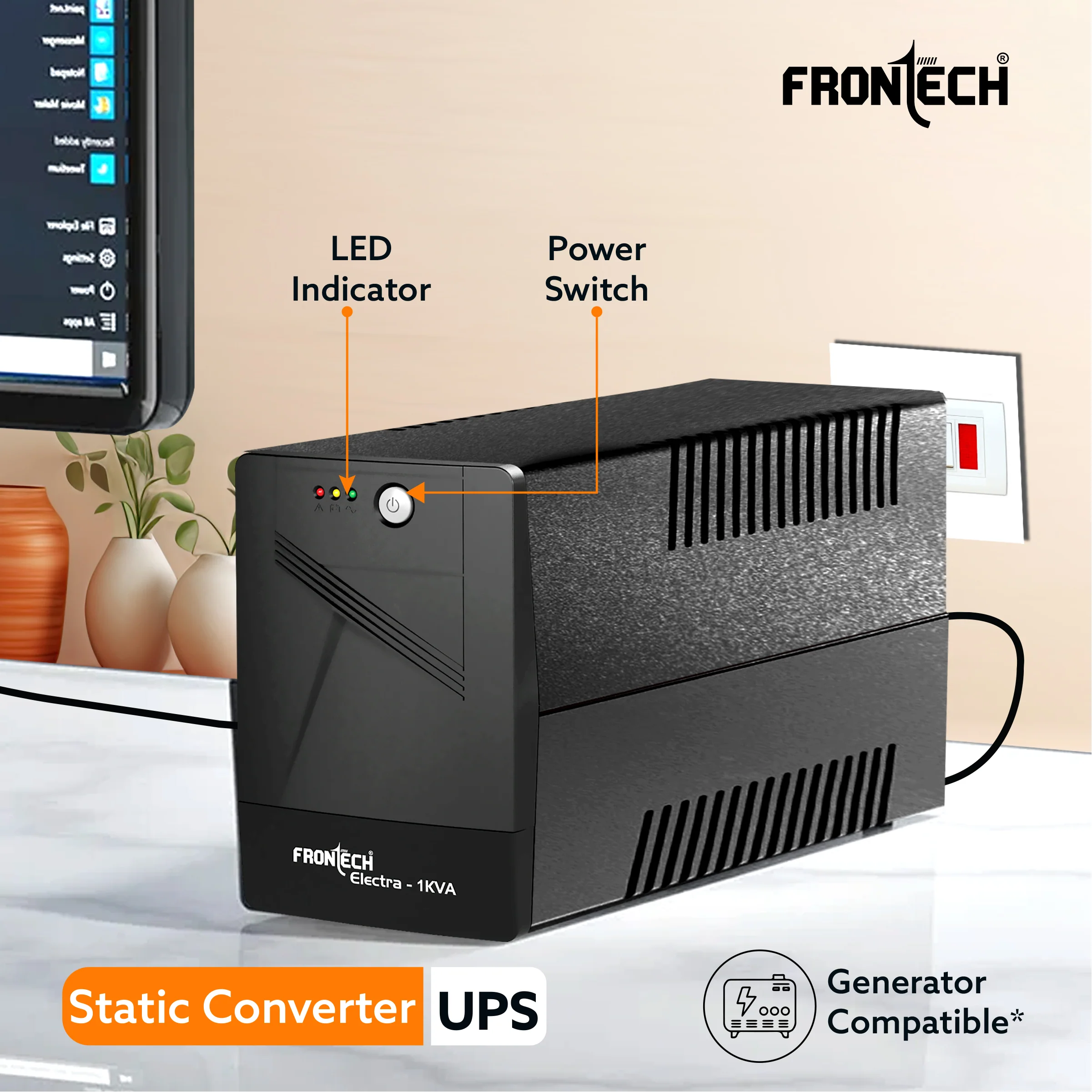 Frontech Electra 1KVA Static Converter UPS | 220–230V Input | 140–300V Wide Range | 12V/7Ah x2 Batteries | 4–10ms Transfer | LED Indicators | Overload, Overcharge & Discharge Protection | Generator Compatible | Supports Monitor, Router & CPU | 2566 - Image 3