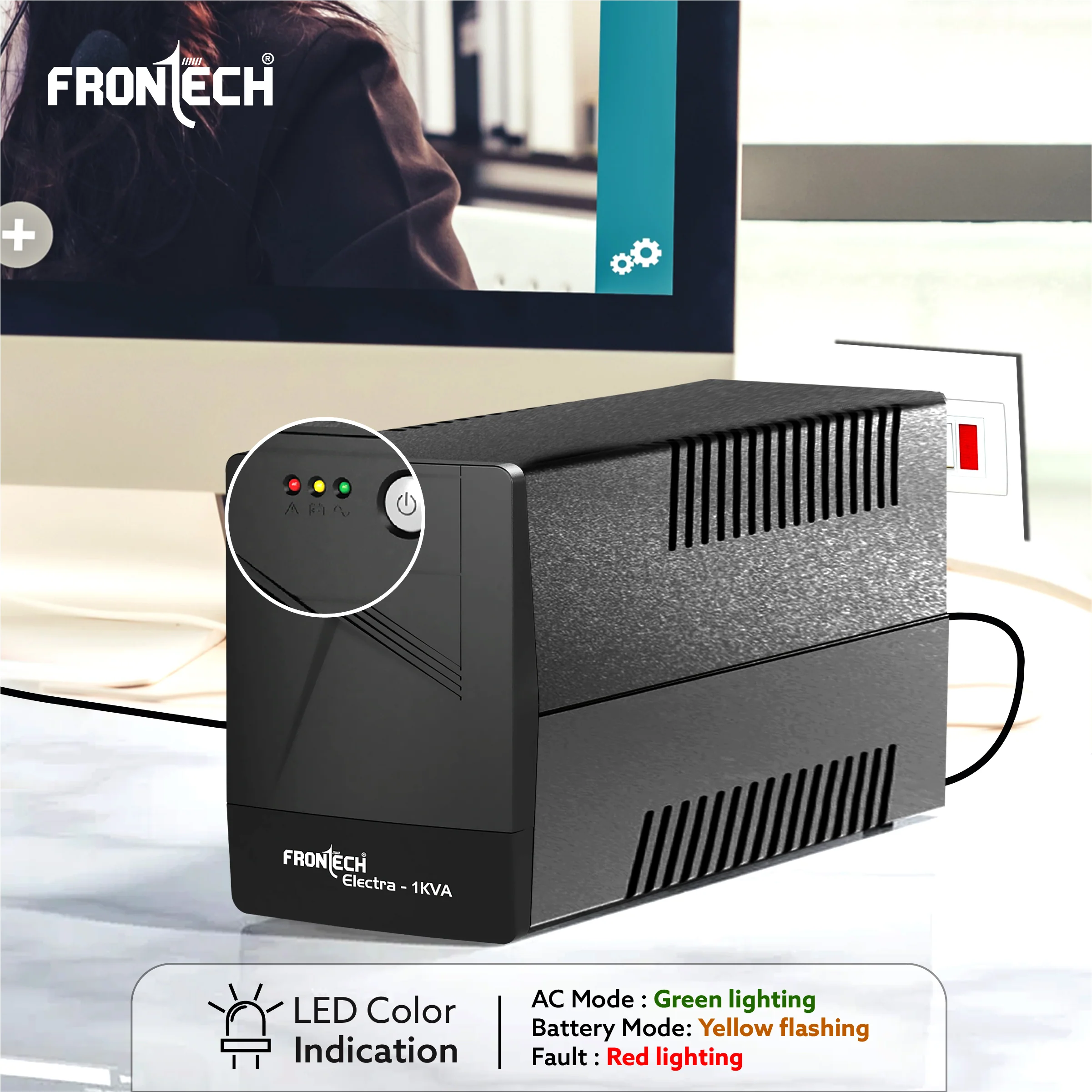 Frontech Electra 1KVA Static Converter UPS | 220–230V Input | 140–300V Wide Range | 12V/7Ah x2 Batteries | 4–10ms Transfer | LED Indicators | Overload, Overcharge & Discharge Protection | Generator Compatible | Supports Monitor, Router & CPU | 2566 - Image 6