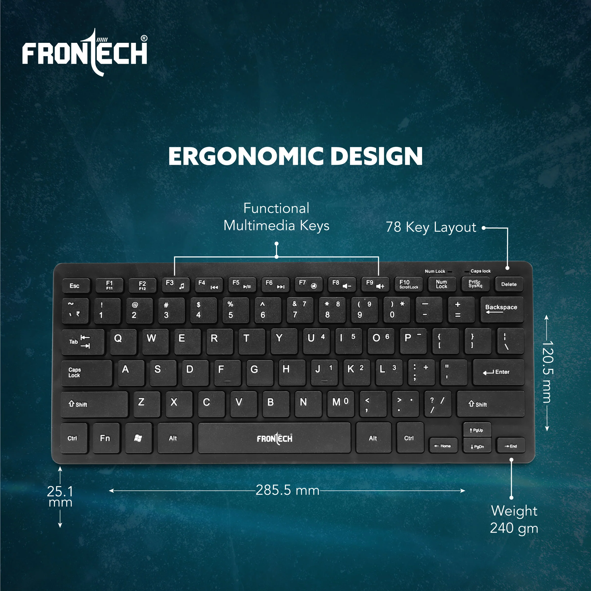 Frontech Wired Mini Keyboard |78 Standard Keys |USB Plug & Play| Ergonomic Keyboard|1 year warranty - Image 3