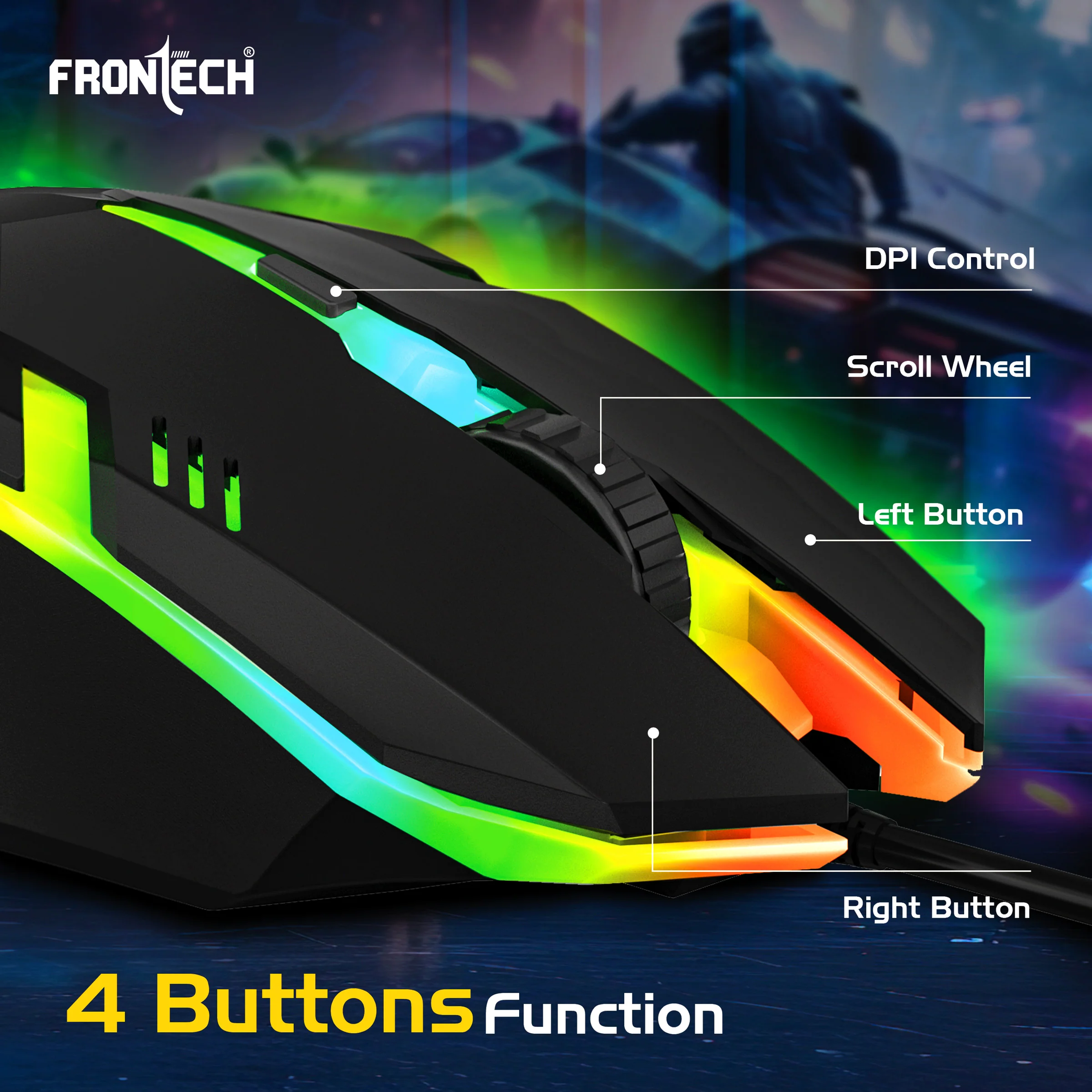 Frontech Wired RGB Optical Mouse|USB Plug & Play|1.4m Braided Cable|1500 DPI|3 Button Mouse| Ergonomic Design|1 Year Warranty - Image 3