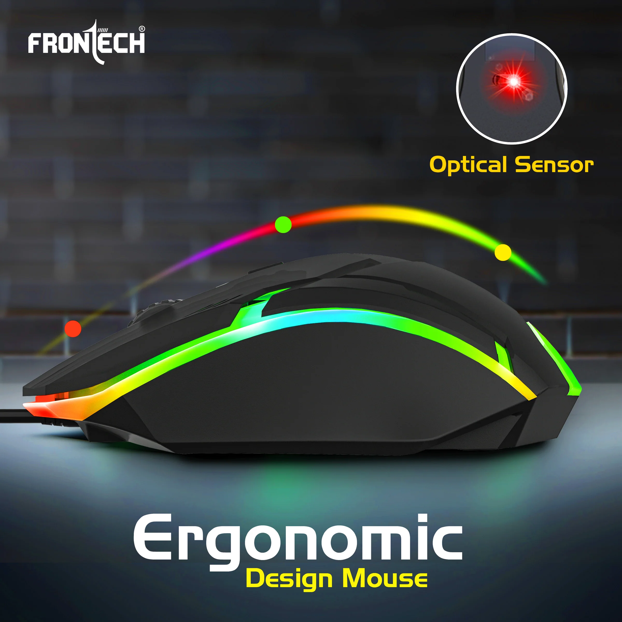 Frontech Wired RGB Optical Mouse|USB Plug & Play|1.4m Braided Cable|1500 DPI|3 Button Mouse| Ergonomic Design|1 Year Warranty - Image 4