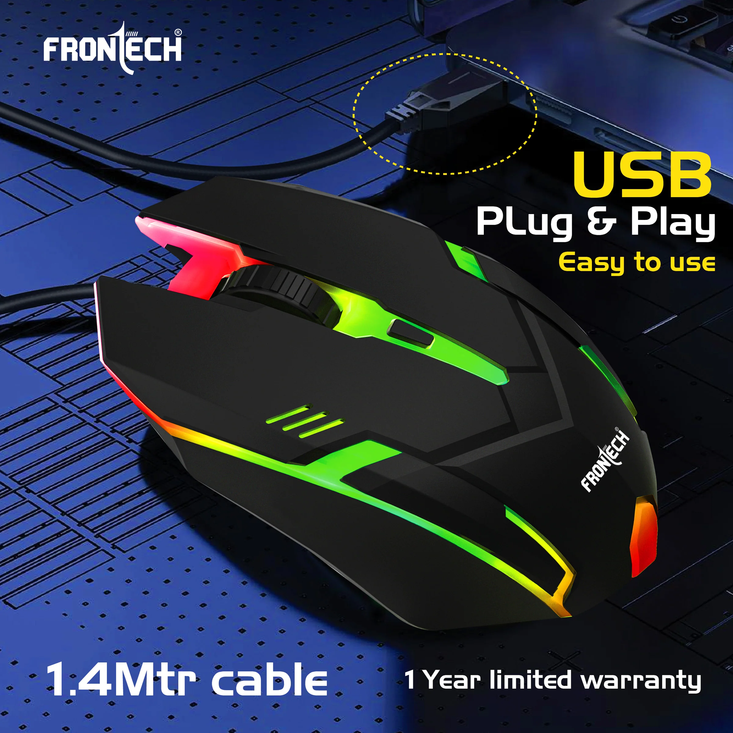 Frontech Wired RGB Optical Mouse|USB Plug & Play|1.4m Braided Cable|1500 DPI|3 Button Mouse| Ergonomic Design|1 Year Warranty - Image 7